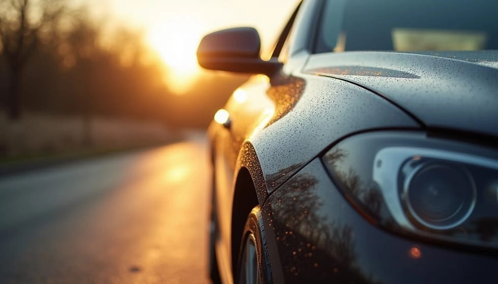 Dark car driving on a winding, night-time road through trees, highlighting protected paint after car detailing.