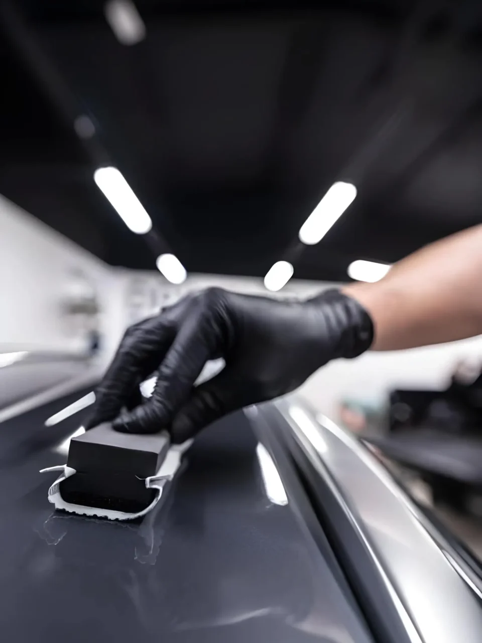 Technician in a mask applying clear car ceramic coating to a glossy black vehicle hood.
